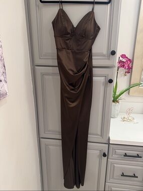 Honey and Rosie Spaghetti Strap Brown Evening Gown